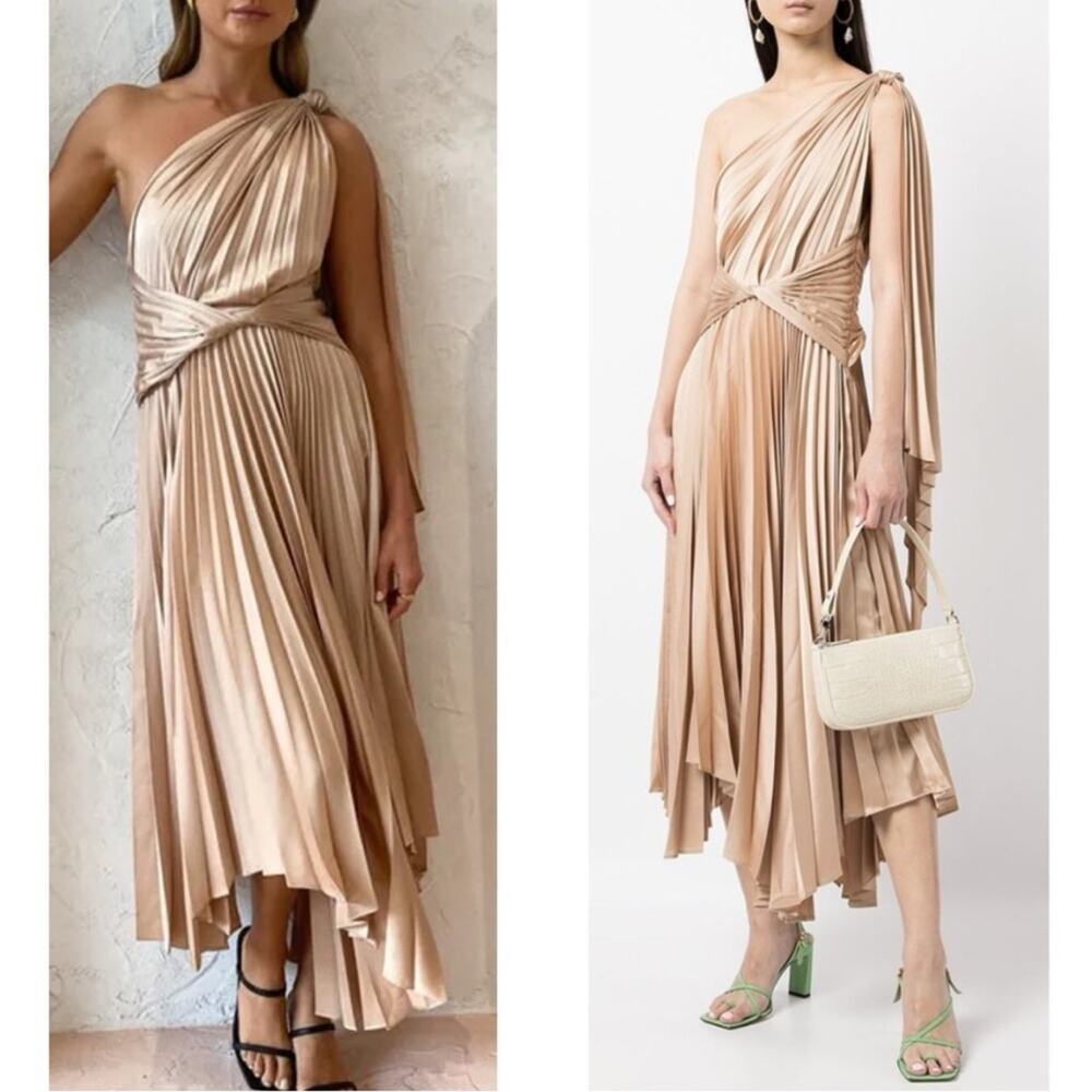 ACLER Kalora One Shoulder Pleated Draped Asymmetrical  Golden Midi Dress Size 6